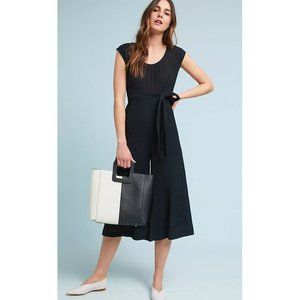 Anthropologie Abbey Jumpsuit Wide Leg Crop Belted Scoop Neck Stretch Solid Black